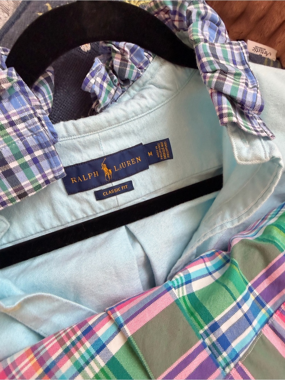 Ralph Lauren upcycled Light Blue Button-Front Shirt with Plaid Trim SzM - Picture 3 of 5